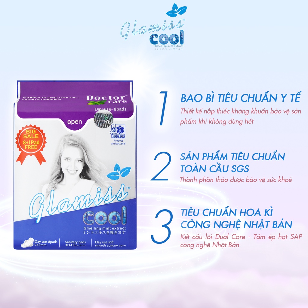 [Ưu đãi Tháng 12] Bộ 2 gói băng vệ sinh thảo dược Glamiss Cool ban ngày 24cm Tặng kèm 1 gói băng vệ sinh ban đêm Slea'zy