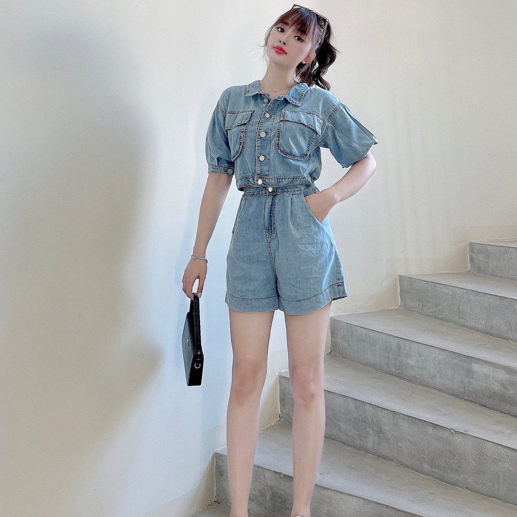 Jumpsuit jean phối túi KAYLIN áo bò liền quần kiểu trẻ trung denim Xanh dương N1501