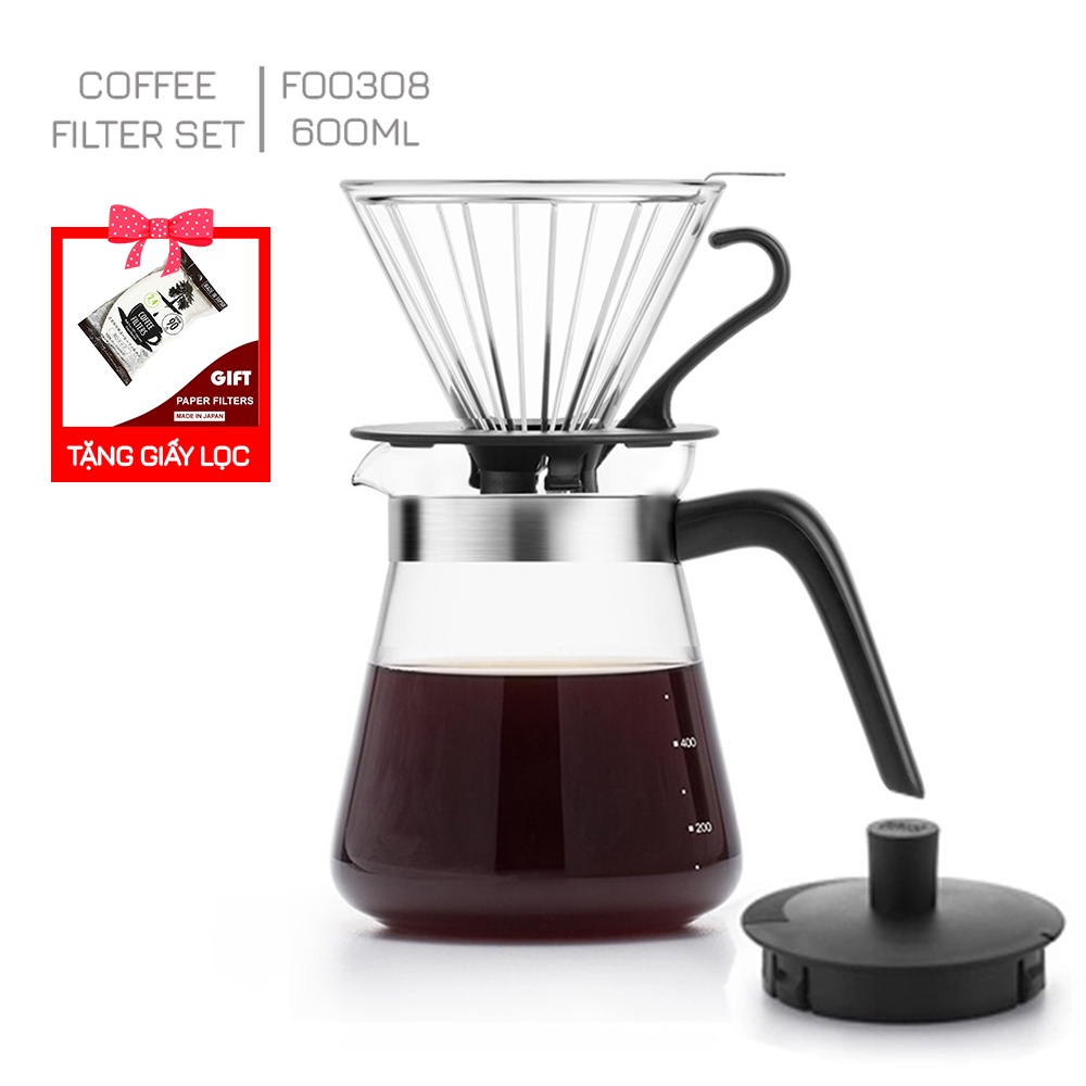 Bộ bình pha cafe thủy tinh F00308 (600ml) - Bộ bình lọc cafe có tặng kèm giấy lọc cafe Samahome Shop