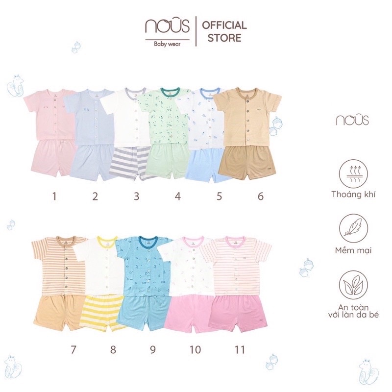 Bộ nous cộc tay cúc giữa nhiều màu cho bé