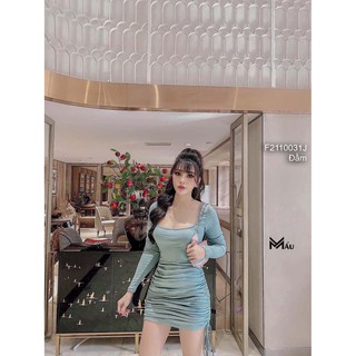 Đầm body thun tăm nhún rút dây hai bên sườn cổ vuông tay dài!