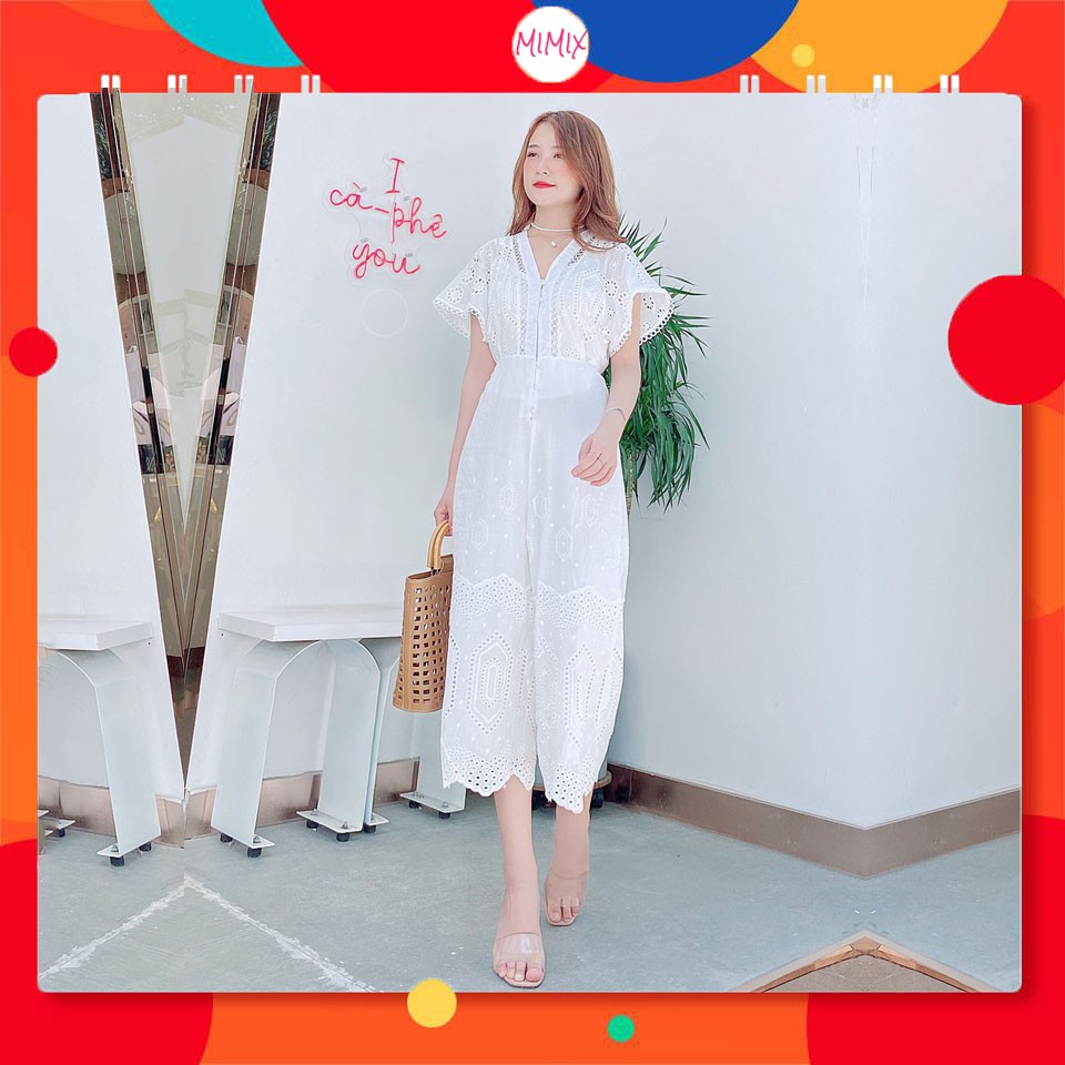 Jumpsuit áo cánh dơi liền quần trắng thêu họa tiết MIMIX BC4215