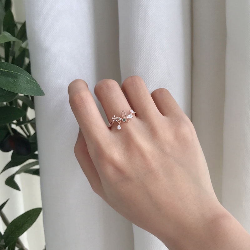Exquisite Vòng hoa Flower Ring Zircon Opening Adjustable Index Finger Ring Women Accessories
