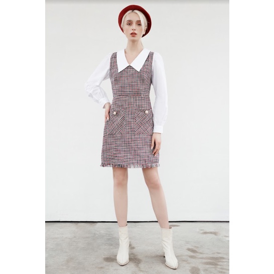 Đầm kẻ đỏ phối cổ tay thô trắng 1VA5014 ADORE DRESS