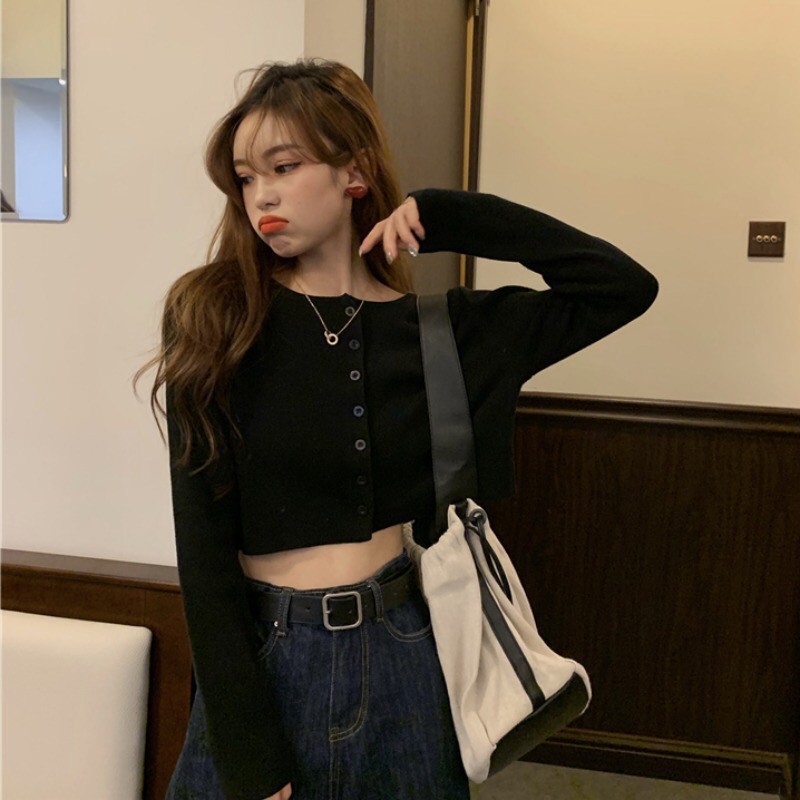 Áo Croptop tay dài YAN Phối Khuy áo croptop kiểu áo crt mua9shop loại đẹp