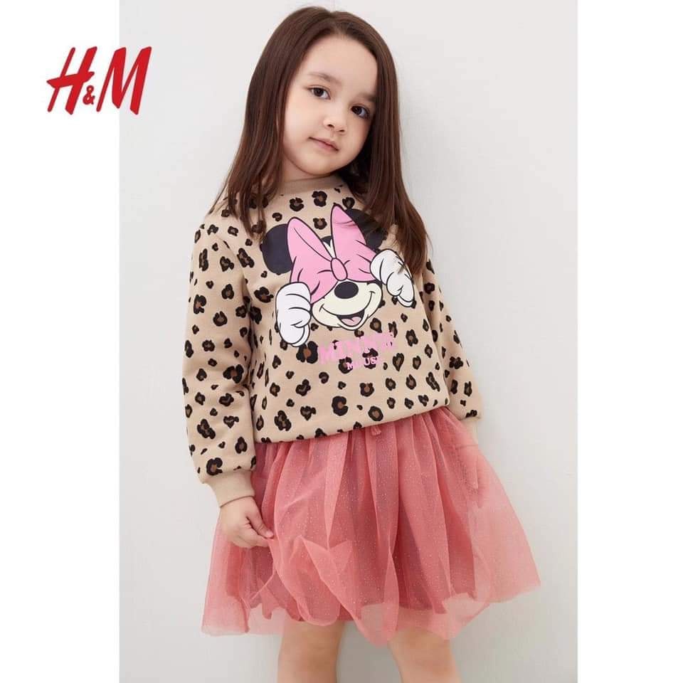 Set bộ váy bé gái HM tay dài hoạ tiết minnie áo nĩ chân váy ren