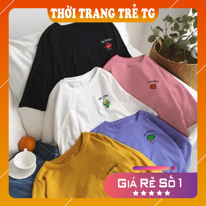 Áo thun 𝑭𝒓𝒆𝒆𝒔𝒉𝒊𝒑 Áo nữ tay lỡ freesize - phông form rộng dáng Unisex L28, mặc lớp, nhóm, cặp, lớp thêu hình rau củ.