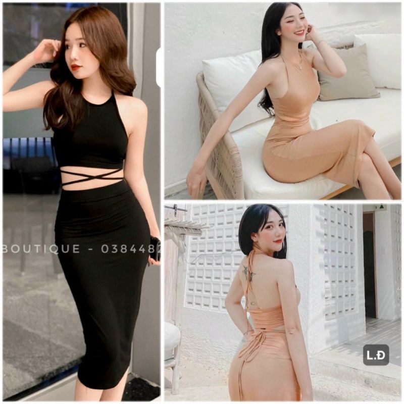 Set Thun Áo Sát Nách Cổ Yếm Hở Lưng Cột Dây Eo Và Chân Váy Bút Chì Dáng Dài - Form Ôm Body Sexy