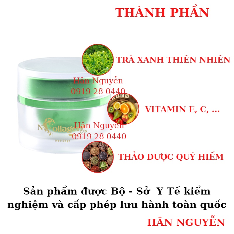 Kem trà xanh - Kem trắng da giảm mụn mờ thâm nám NCOLLAGEN HÂN NGUYỄN 25g KTX01