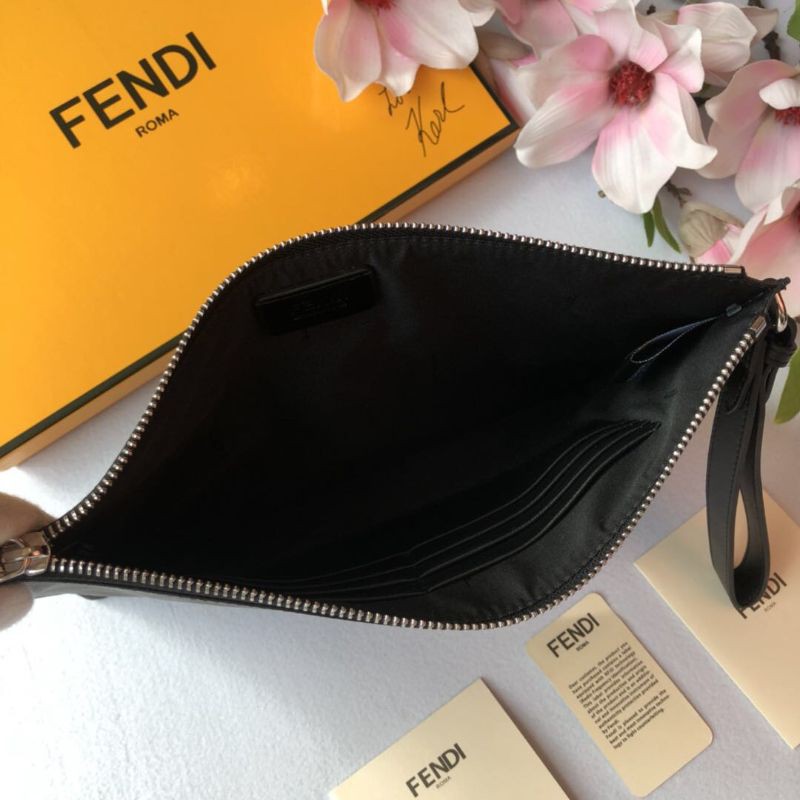 clutch cầm tay nam da thật dáng dài kéo khóa có quai cầm họa tiết hình chữ F Fendi FD