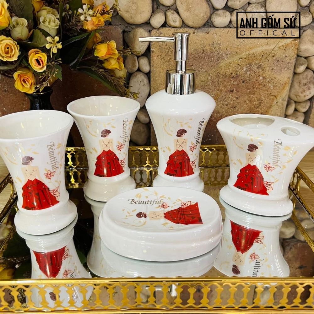 Bộ sứ vệ sinh - Set nhà tắm 5 món gốm sứ Bát Tràng, chai đựng sữa tắm dầu gội cao cấp