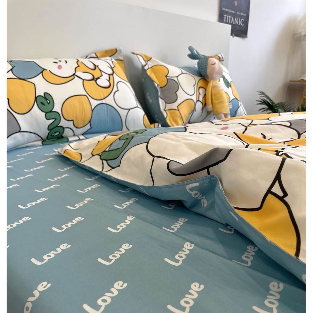 Bộ chăn ga gối phong cách Hàn Quốc - Mèo trái tim ( không kèm ruột )