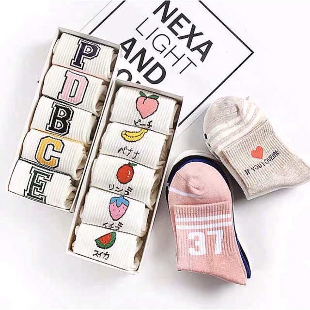 Tất Trắng Hình Hoa Qủa Nữ,Nam Chất Không Xù,Thấm Hút Mồ Hôi Phong Cách Hàn Quốc Năm 2022