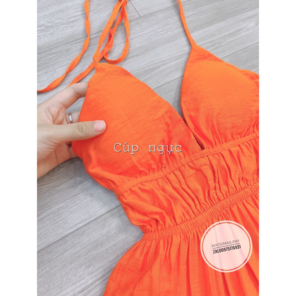 Đầm maxi cam 3 tầng hở lưng chất đũi tơ có cup ngực