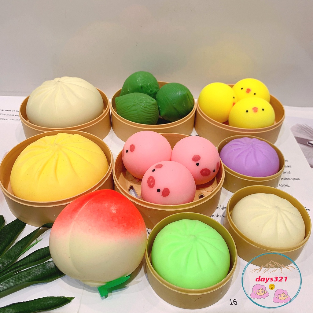 bánh bao màn thầu squyshi mềm mại hộp 3 chiếc thỏ trắng gấu nâu quả đào squishy