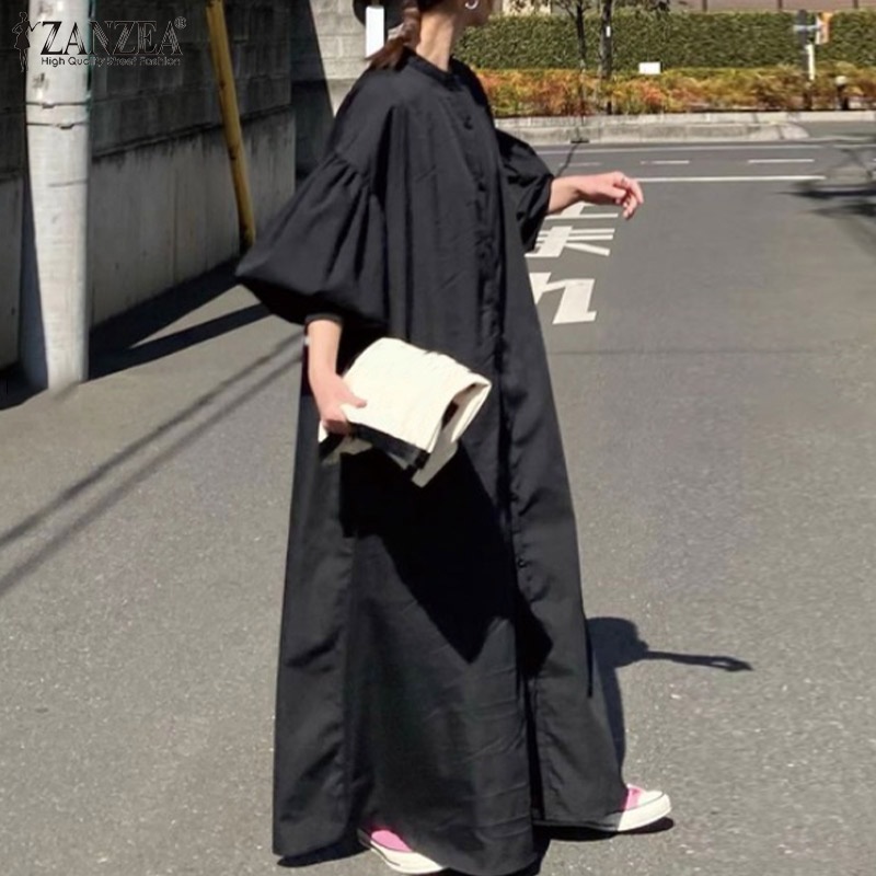 Zanzea Đầm Dài Cổ Tròn Cài Nút Tay Lồng Đèn Thời Trang Cho Nữ