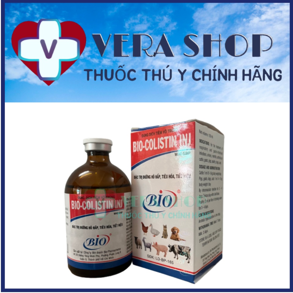 BIO COLISTIN INJ 100ML - Hô hấp, tiêu hóa, tiết niệu,  sưng mắt, phù thủng cho trâu, bò, dê