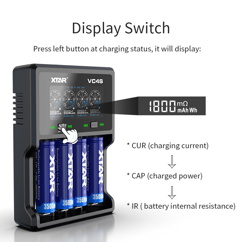 XTAR Củ Sạc Nhanh usb vc4sl qc3.0 Cho Pin li-ion18650 14500 21700 26650 1.2v ni-mh aa