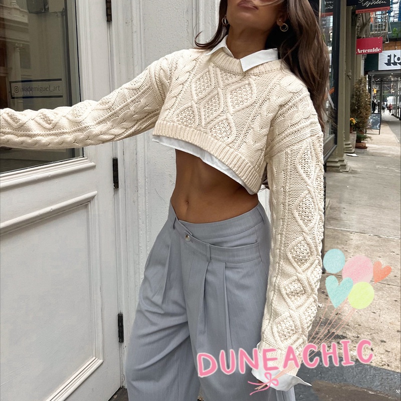 DUNEA Áo Sweater Dệt Kim Tay Dài Cổ Tròn Dáng Rộng Kiểu Đường Phố Cá Tính Cho Nữ