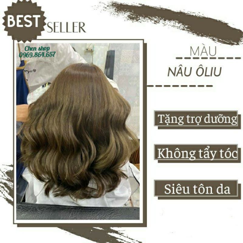 Thuốc Nhuộm Tóc Màu Nâu ôliu tặng kèm trợ nhuộm và phục hồi tảo biển