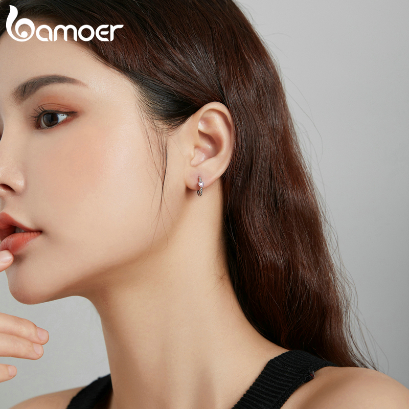 BAMOER Bông Tai bạc 925 Đính Đá Zircon Màu Hồng Thời Trang Cho Nữ SCE1081