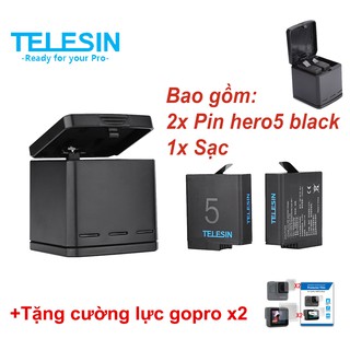 Bộ 1 sạc và 2 pin gopro hero 5 6 7 8 black white silver - telesin