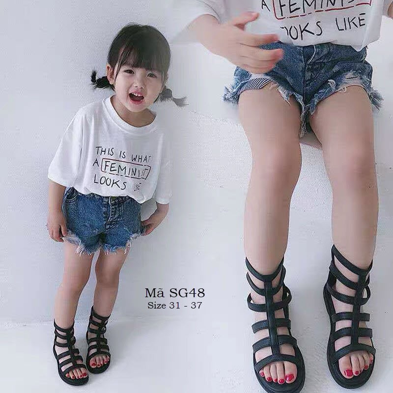 Giày sandal chiến binh cho bé gái 5 - 12 tuổi da mềm khóa kéo thời trang phong cách Hàn Quốc SG48