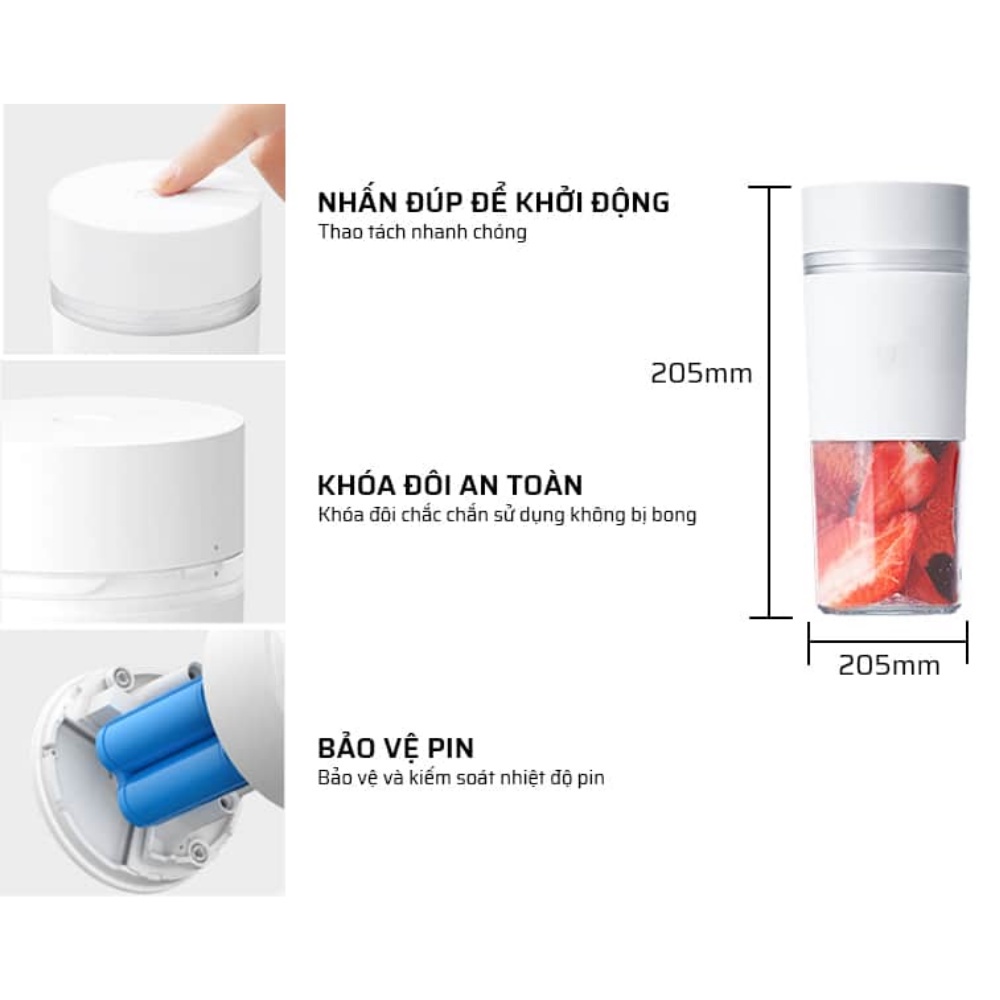 Máy xay sinh tố cầm tay - Máy xay tích điện mini Xiaomi Mijia MJZZB01PL- 4 lưỡi inox 304 cao cấp - Sạc pin tiện lợi