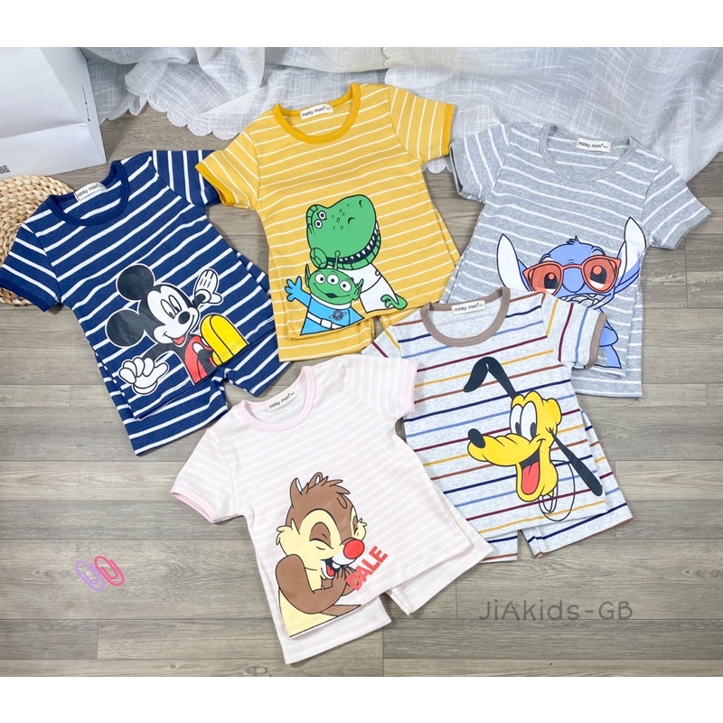 TNin92 Bộ Ngắn Tay Cotton Hàn Sọc In Hoạt Hình Cho Trẻ Từ 8kg đến 19kg