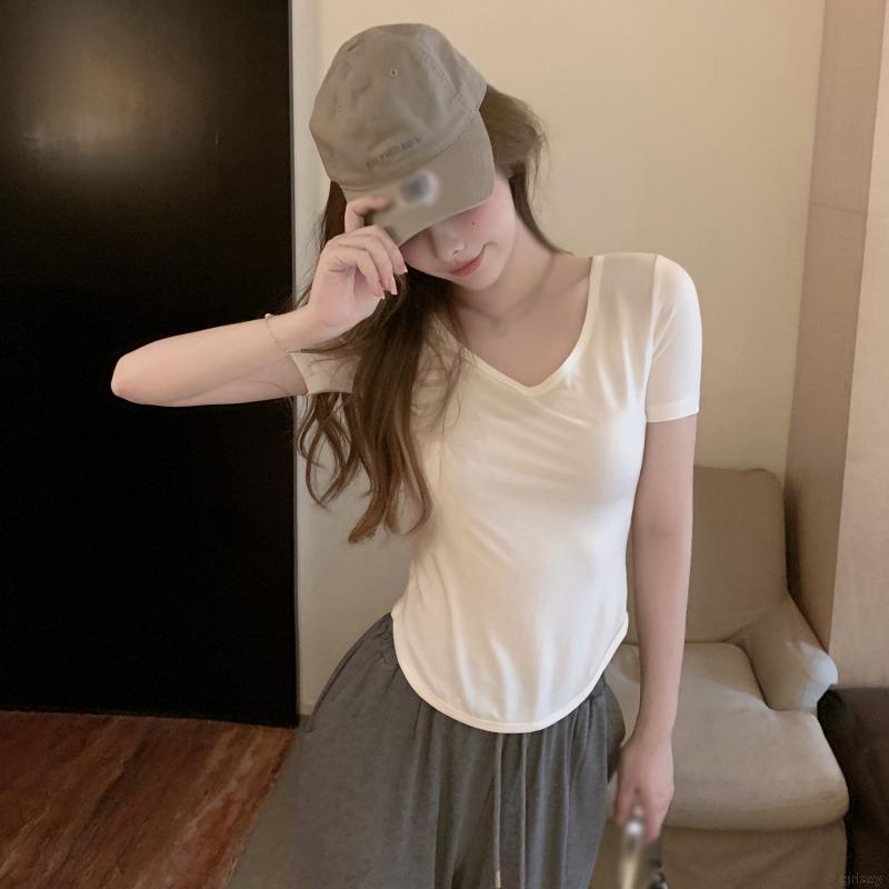 Áo thun tay ngắn cổ chữ V màu sắc đơn giản thời trang Hàn Quốc trẻ trung dành cho nữ