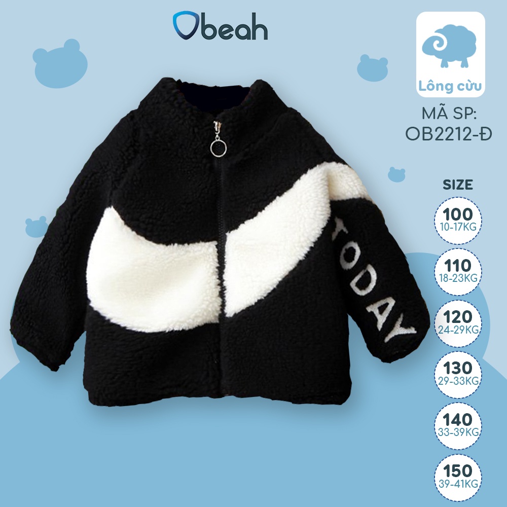 Áo khoác trẻ em OBEAH chất liệu lông cừu ấm áp chữ được thêu tỉ mỉ sắc nét cho bé Fullsize 90 đến 150 TE62021002