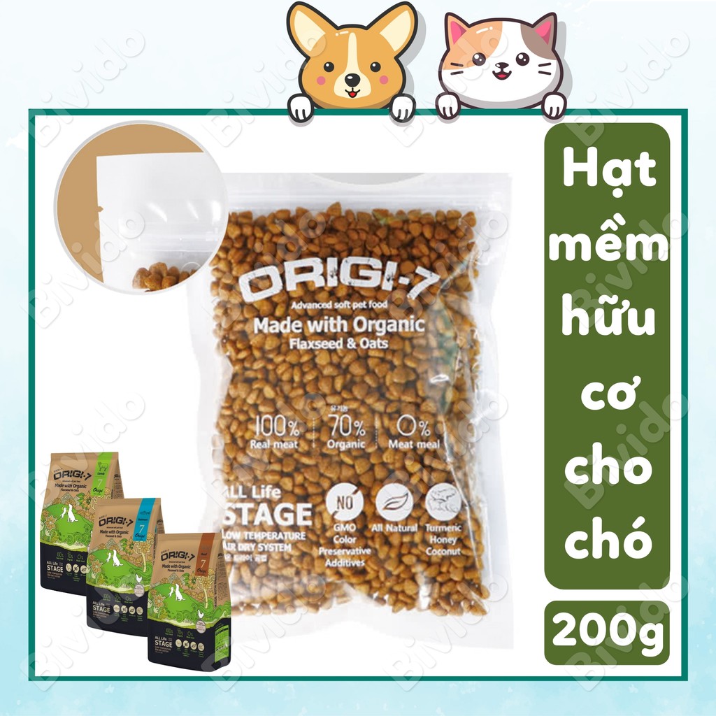 Thức ăn hạt mềm chó lớn chó con Origi 7 vị cá hồi, bò, cừu túi 200g - Bivido