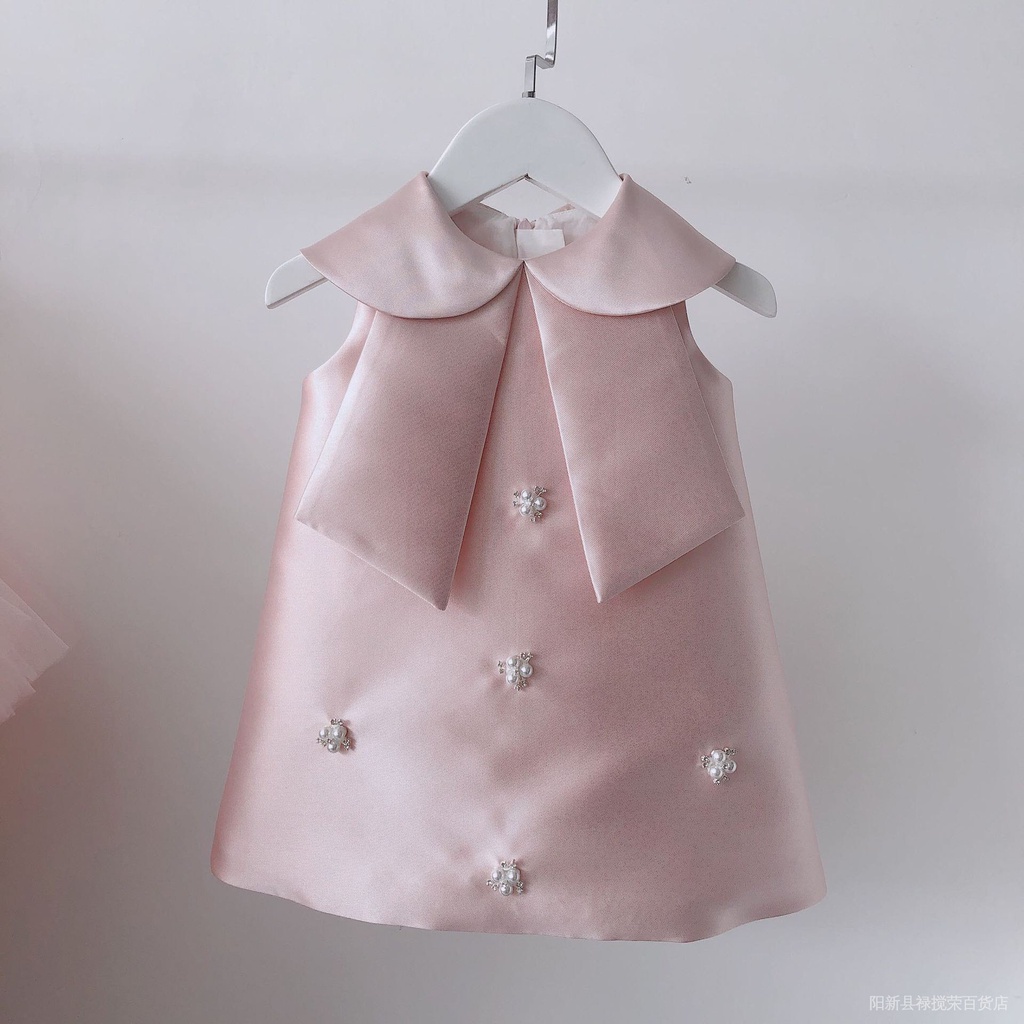 Girls' dress vest dress children's one-year-old big bow princess dress A swing dress handmade pearl diamond dress ZCRS