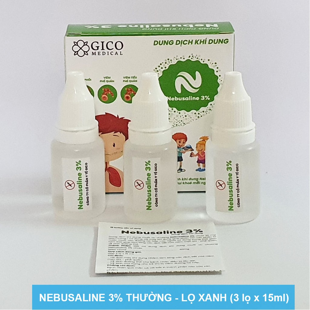 Nước muối ưu trương NEBUSALINE 3% ION BẠC, nước muối KHÍ DUNG nhỏ mũi hỗ trợ trị viêm xoang, phế quản(3 lọ x 15ml)