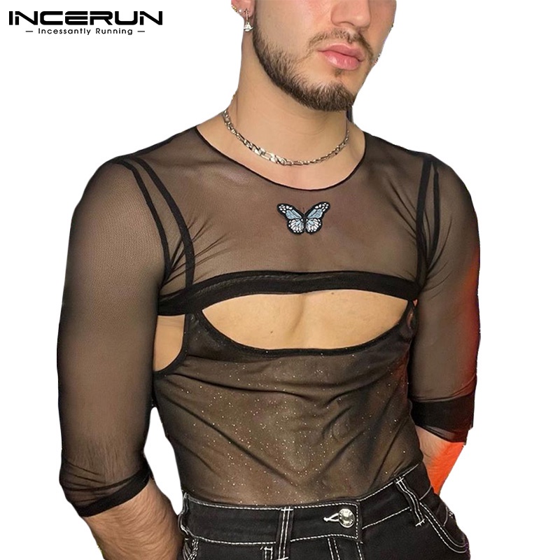 Set áo croptop tay dài xuyên thấu + áo không tay hai dây họa tiết bướm INCERUN thời trang cho nam