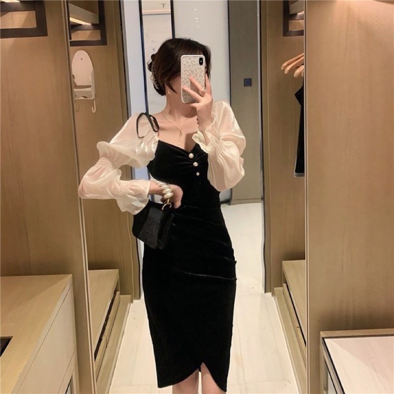 Đầm nhung phối tay voan koreastyle
