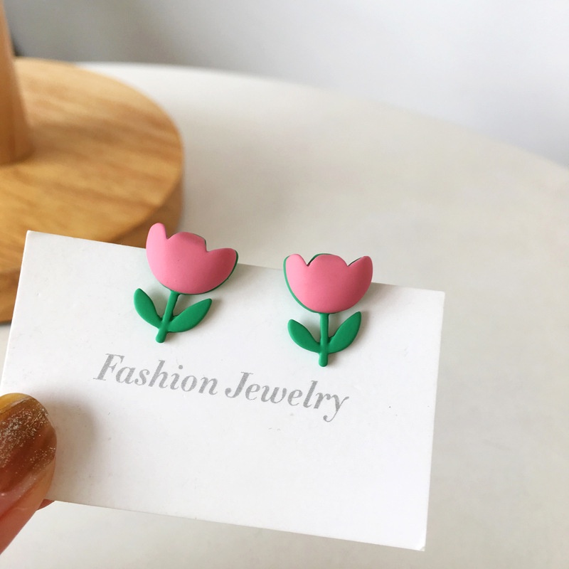 Bông Tai Mạ Bạc 925 Hình Hoa tulip Hồng Dễ Thương Phong Cách Hàn Quốc