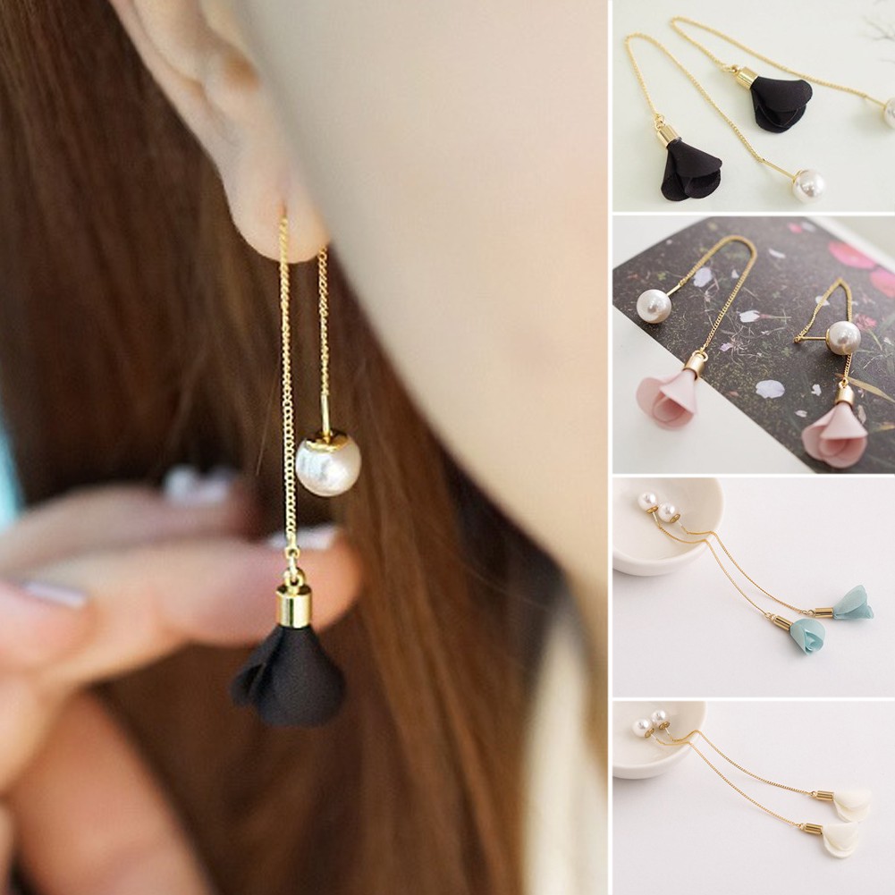 Bông Tai Dáng Dài Đính Hoa Và Ngọc Trai Nhân Tạo Thời Trang