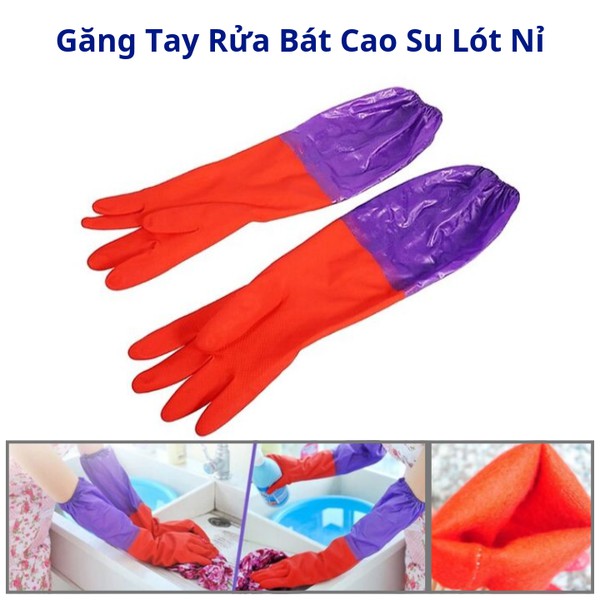 Găng Tay Rửa Bát Cao Su Lót Nỉ - Găng Tay Rửa Chén Lót Nỉ