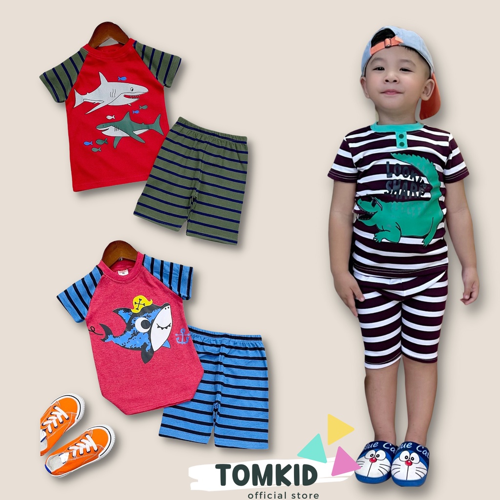 Bộ cộc tay bé trai đồ bộ cho bé in hình tay phối sọc ngang chất cotton 11-26Kg TomKids