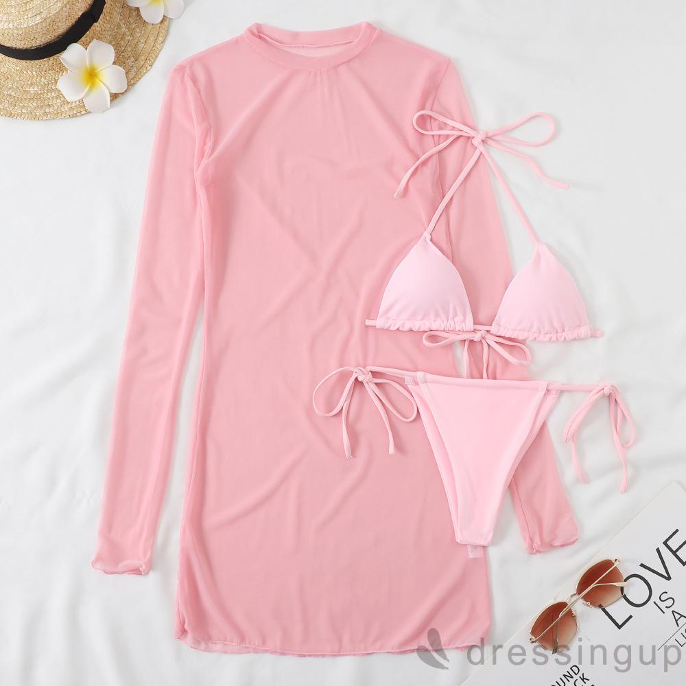 Bộ Đồ Bơi Bikini Cổ Yếm Màu Trơn Phối Quần Lọt Khe Xuyên Thấu Quyến Rũ Cho Nữ