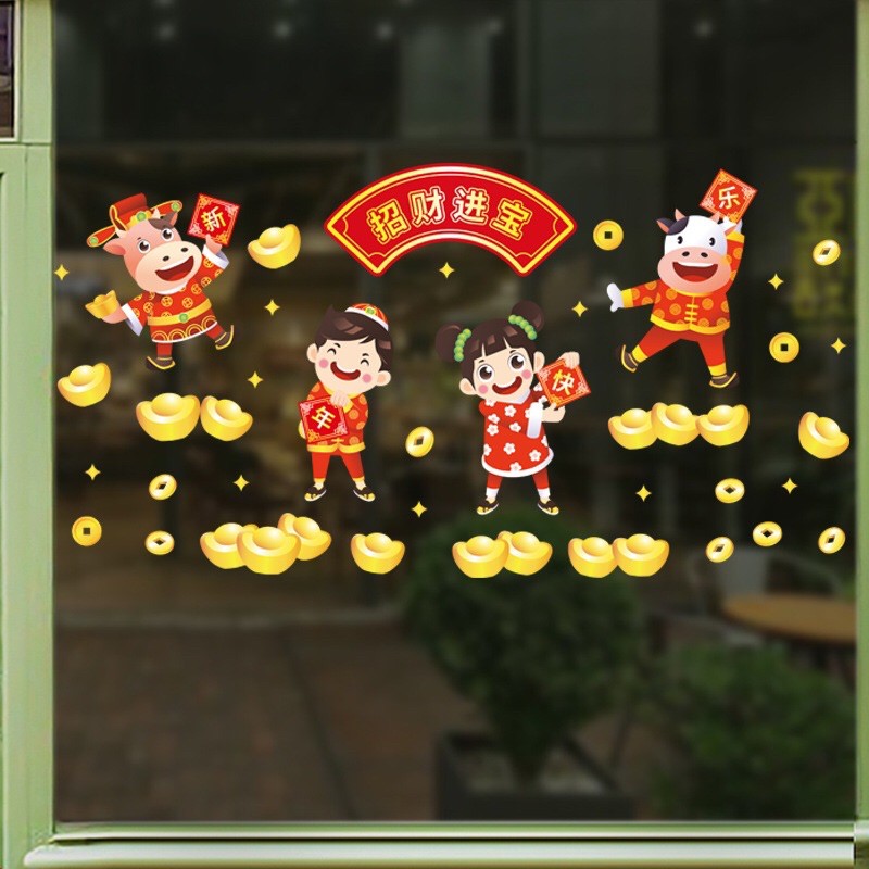 Decal dán tường tết HÍT TĨNH ĐIỆN 4 nhân vật nhỏ Chúc Mừng Năm mới