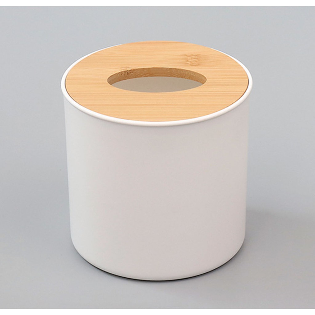 Hộp đựng khăn giấy phong cách Nhật Bản nắp gỗ basic hình trụ tròn 13,5x13cm - Trắng