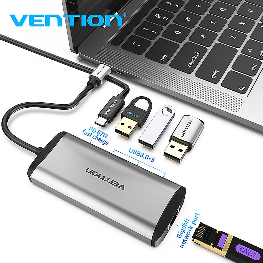 Cáp chuyển đổi Type-C ra LAN Gigabit 10/100/1000Mbps kèm 3 cổng USB 3.0 cao cấp chính hãng Vention TGDHB