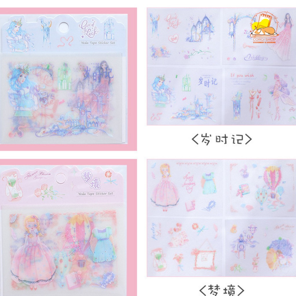 Set 4 tờ sticker dạng washi độc đáo cô gái, công chúa hoạt hình dễ thương - Corgi Shop