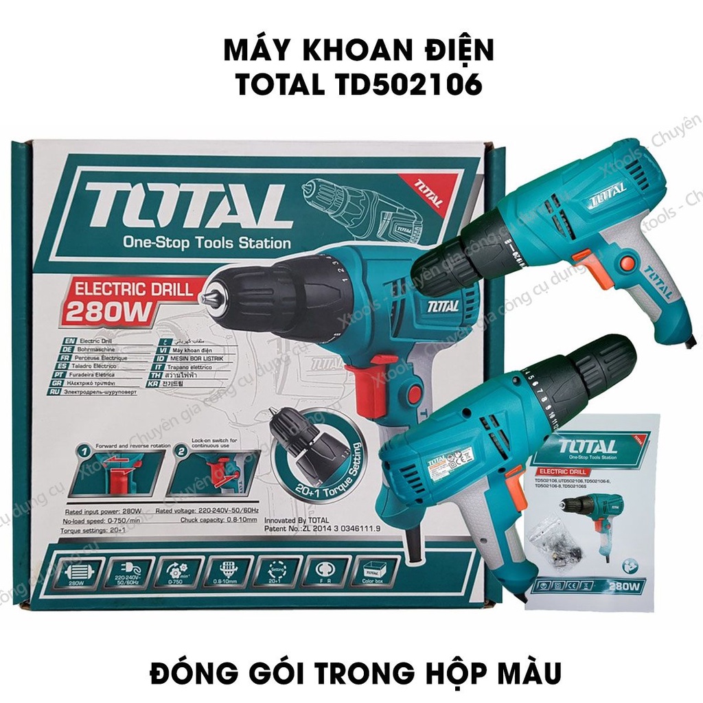 Máy khoan cầm tay TOTAL TD502106 công suất 280w, tốc độ750 rpm khả năng khoan 10 mm, đầu khoan tự động: 10mm, điện áp 22