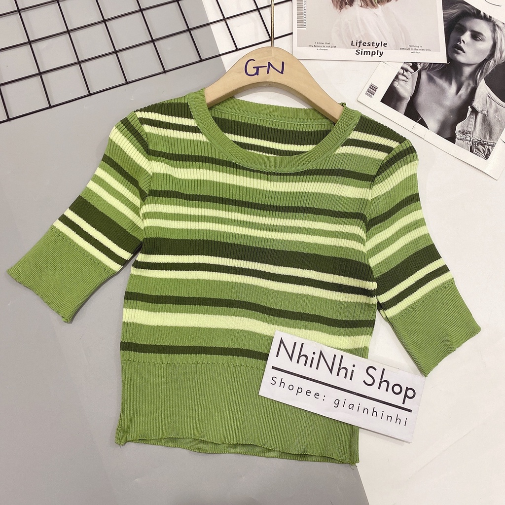 Áo len kẻ phối màu dáng ngắn bo eo cổ tròn tay cộc form croptop AL6014 - NhiNhi Shop
