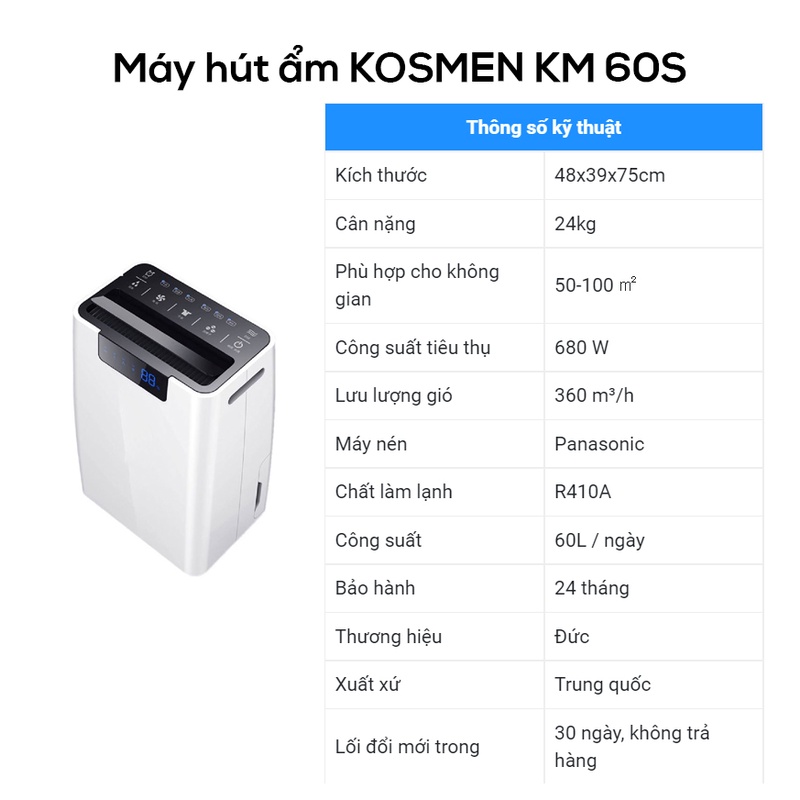 Máy hút ẩm, Máy hút ẩm dân dụng Kosmen KM-60S – Thương hiệu Đức - Bảo hành 24 tháng