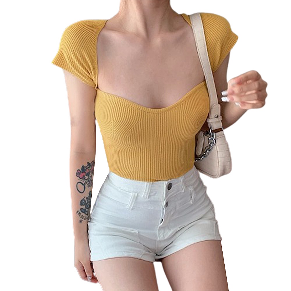 Áo thun dệt kim tay ngắn cổ vuông màu sắc phong cách thanh lịch thời trang