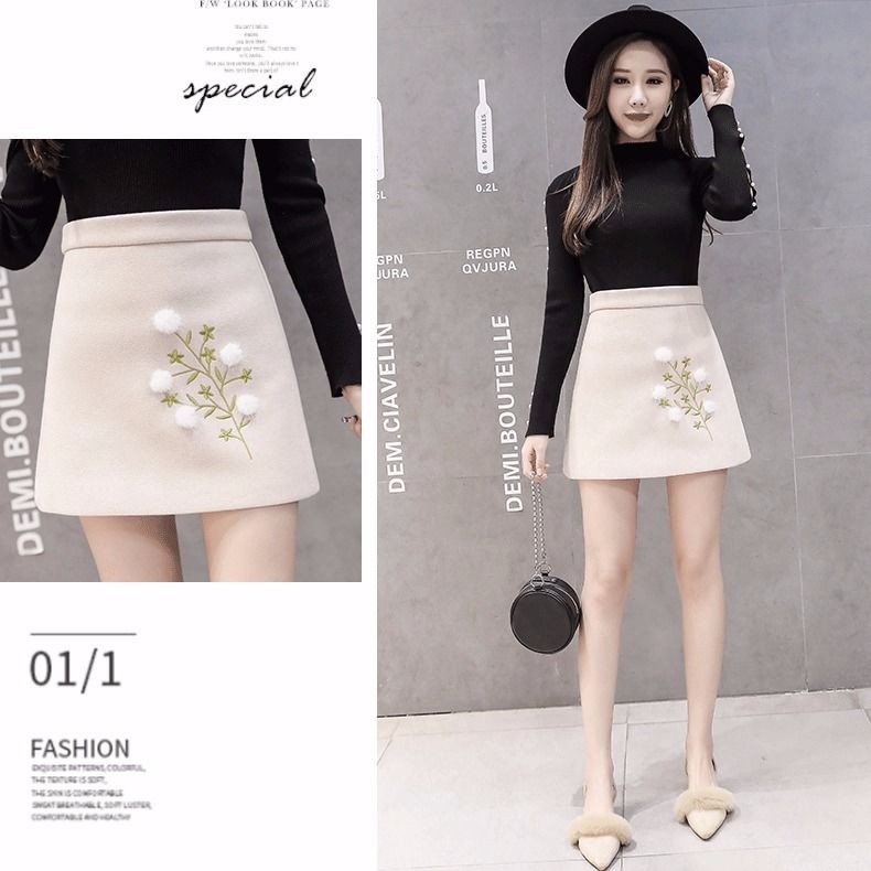 NEW Chân Váy Len Lưng Cao Thêu Họa Tiết Thời Trang Thu Đông 2019 Cho Nữ